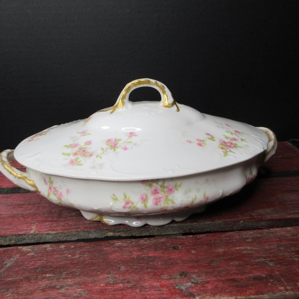 Antique Theodore Haviland Limoges France Covered Casserole Dish Pink Roses Gold
